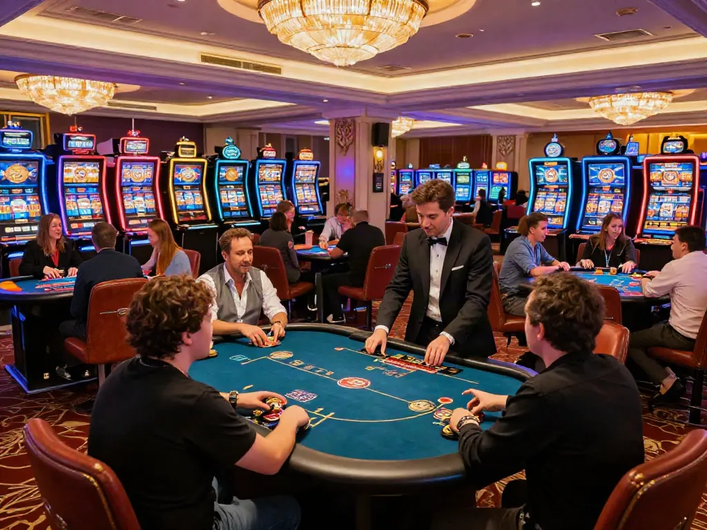 Exciting atmosphere at non GamStop casinos UK, lively players at gaming tables with bright lighting.