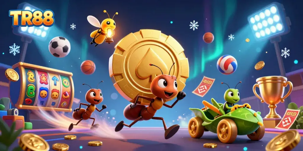 Engaging action scene with TR88 where ants steal a massive poker chip amidst casino elements and dynamic sports balls.