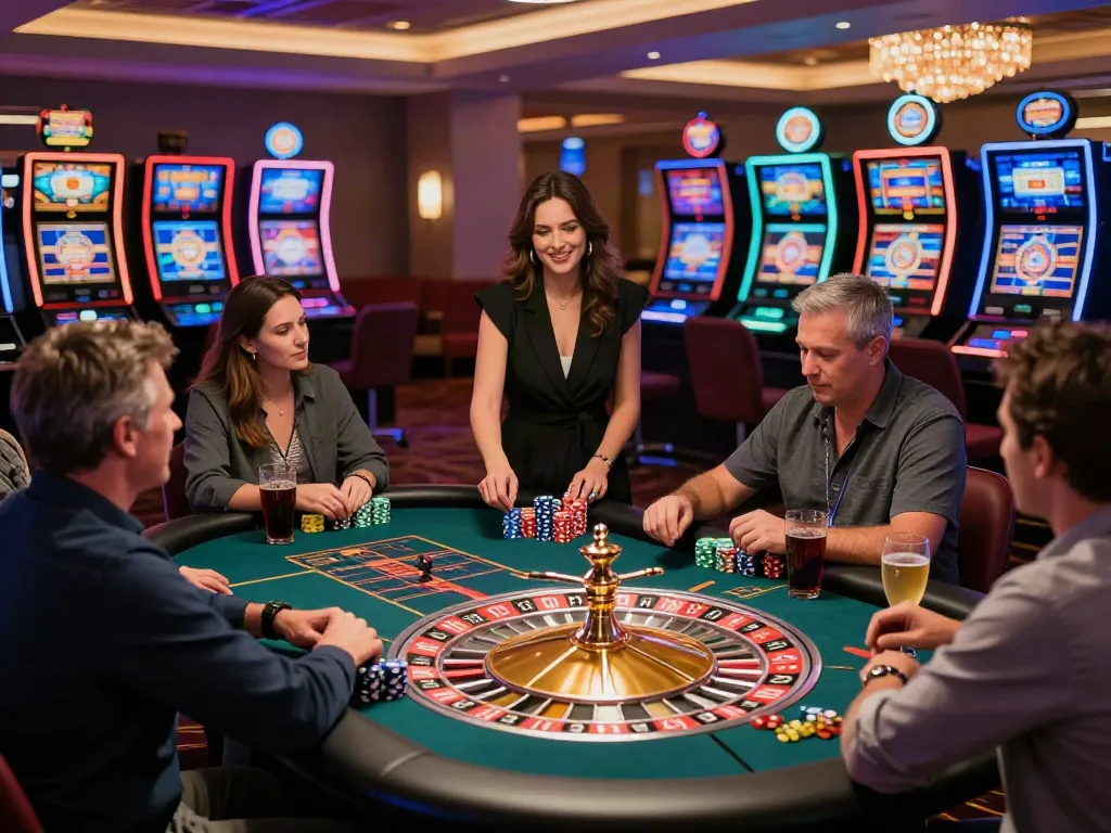 Engaging scene of non gamstop casinos uk with players around a roulette table, colorful slot machines, and lively atmosphere.