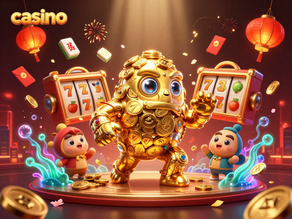 Engage with the casino adventure featuring a golden golem amidst slot reels and festive elements.