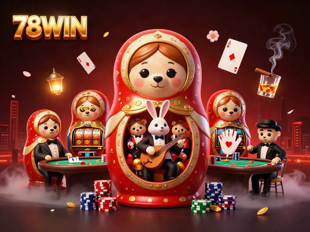 Spin the reels with 78WIN featuring cartoon casino characters amidst vibrant slot machines and poker elements.