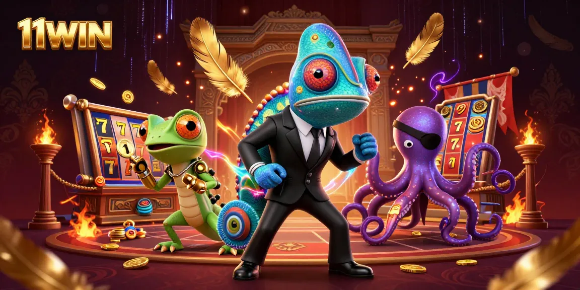 Experience thrilling action with 11WIN featuring a colorful chameleon agent in a vibrant casino scene.