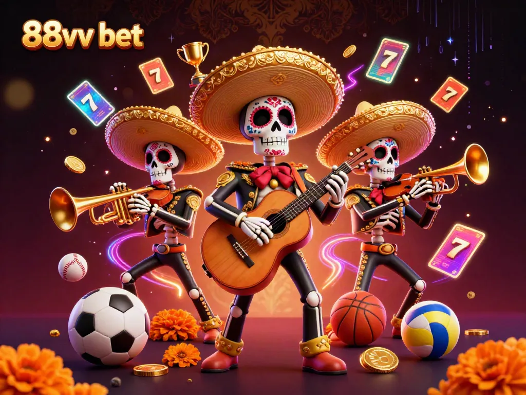 Experience thrilling gaming with 88vv bet's vibrant casino scene alive with joyful mariachi skeletons.