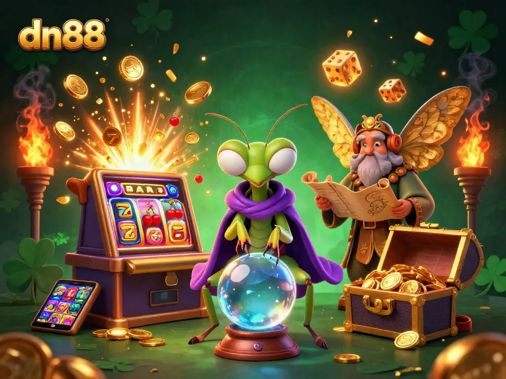 Experience the thrill at dn88 with a colorful casino scene featuring magical characters and jackpot symbols.
