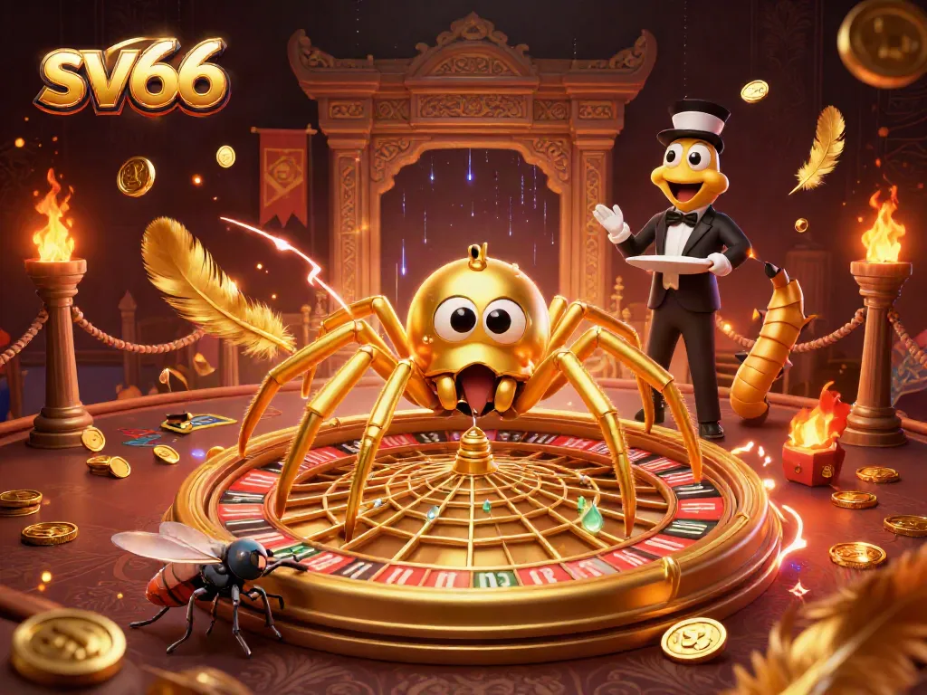 Experience thrilling bets at sv66 with a golden spider and centipede dealer in a vibrant casino scene.