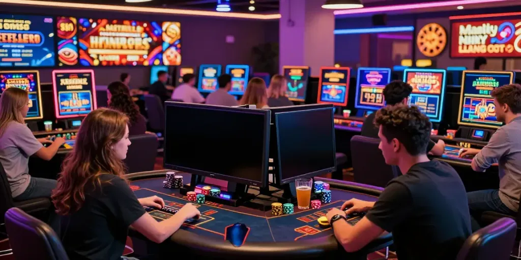Engaged players at online casinos that accept credit card, enjoying vibrant gaming atmosphere.