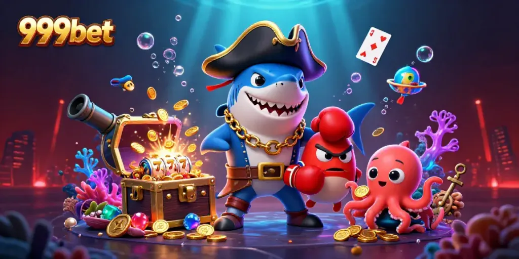 Engage with 999bet's vibrant casino scene featuring pirate characters and dynamic game elements.