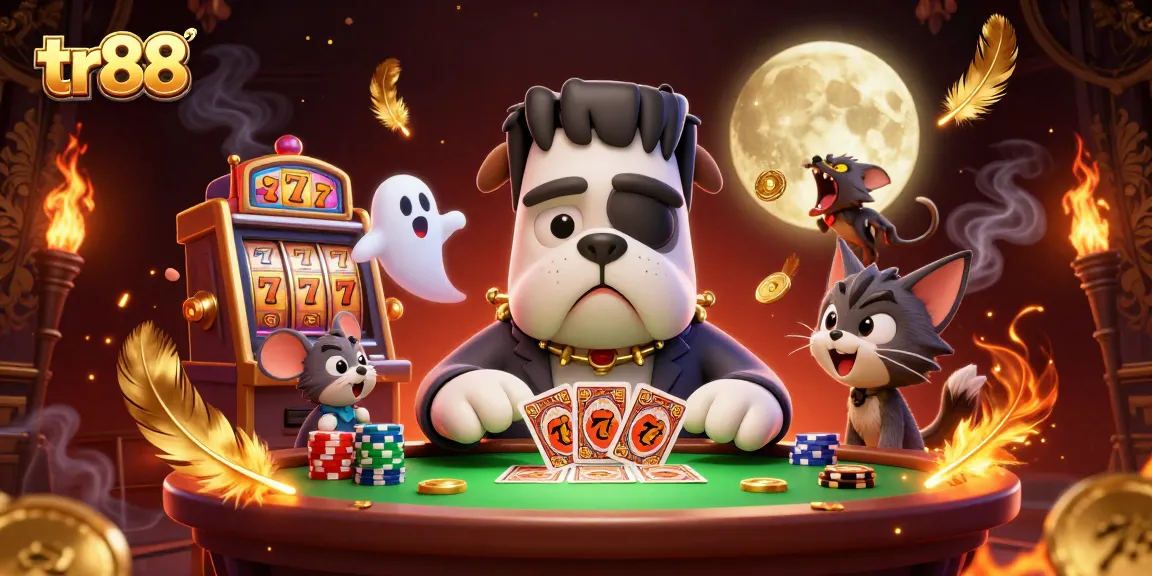 Spin the reels at tr88 with a thrilling 3D scene featuring a bulldog dealer and slot symbols.
