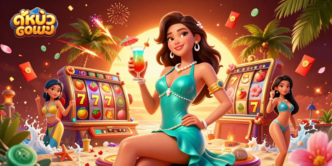 Engage with ดูหนังใหม่ in an exciting casino scene filled with slot reels, vibrant characters, and dynamic elements.