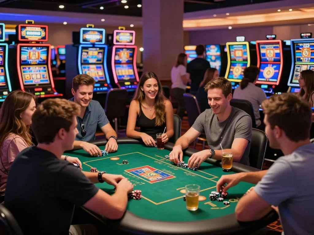 Friends enjoying games at non Gamstop casinos UK, vibrant casino atmosphere.