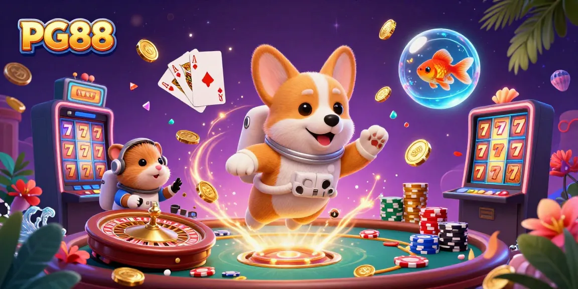 Experience the excitement of PG88 with a floating astronaut corgi in a vibrant casino scene showcasing thrilling games and promotions.