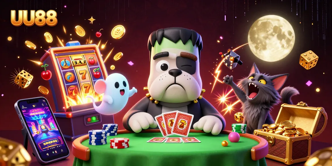 Experience thrilling casino action with UU88, featuring a Frankenstein bulldog dealer and a whimsical ghost mouse.
