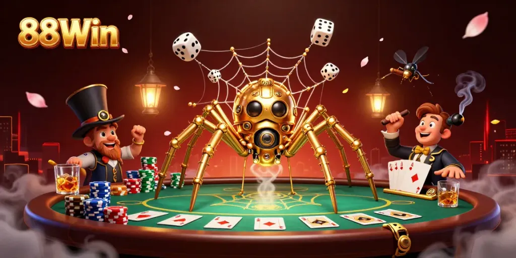 Experience thrilling 88Win gameplay with a golden spider and Victorian fly amidst poker elements.