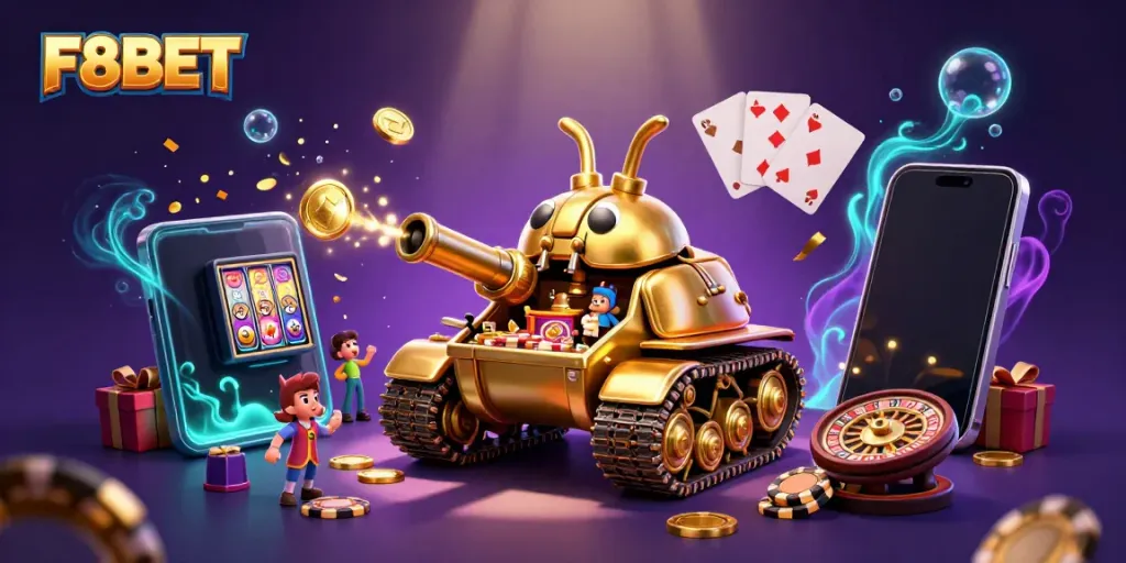 Engage with F8BET in an ultra-detailed 3D casino scene showing a gold beetle tank and vibrant gaming elements.