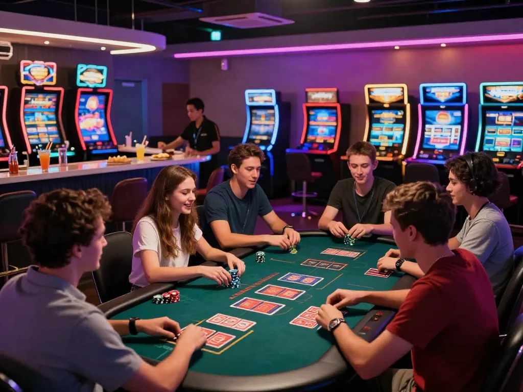 Enjoying non GamStop casinos UK in a vibrant gaming lounge with friends.