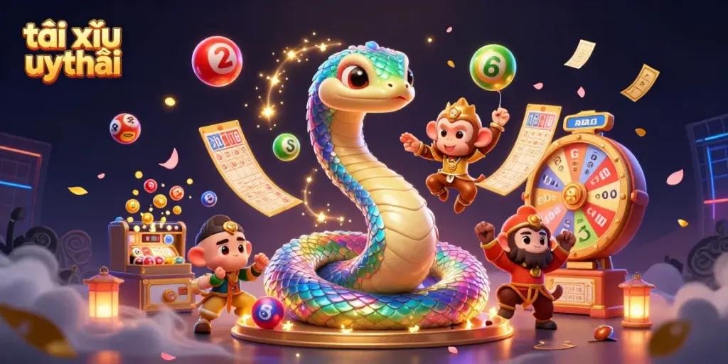 Engage with vibrant tài xỉu uy tín game dynamics, featuring a rainbow serpent, monkey king, and lottery elements.