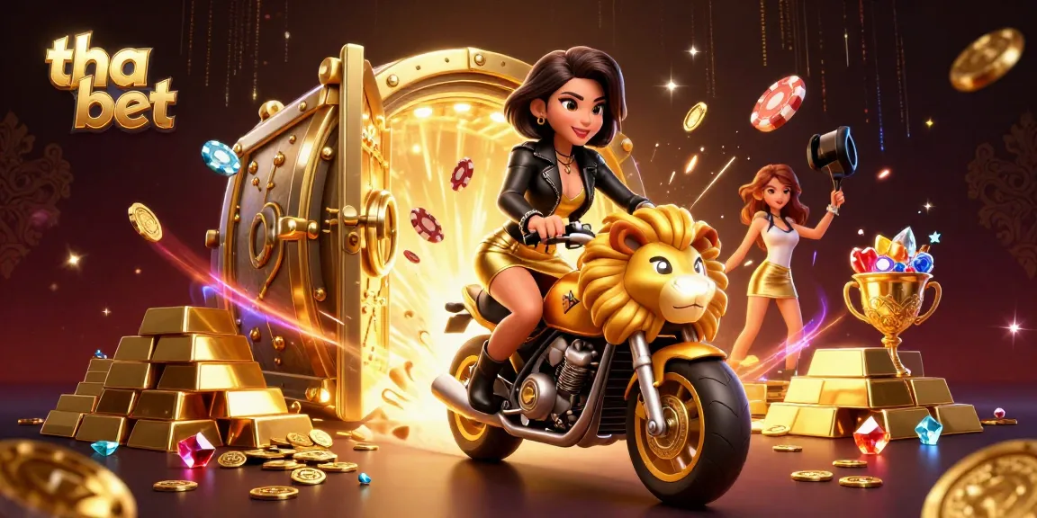 Experience winning thrills at tha bet with a glamorous player on a golden lion amid treasures.