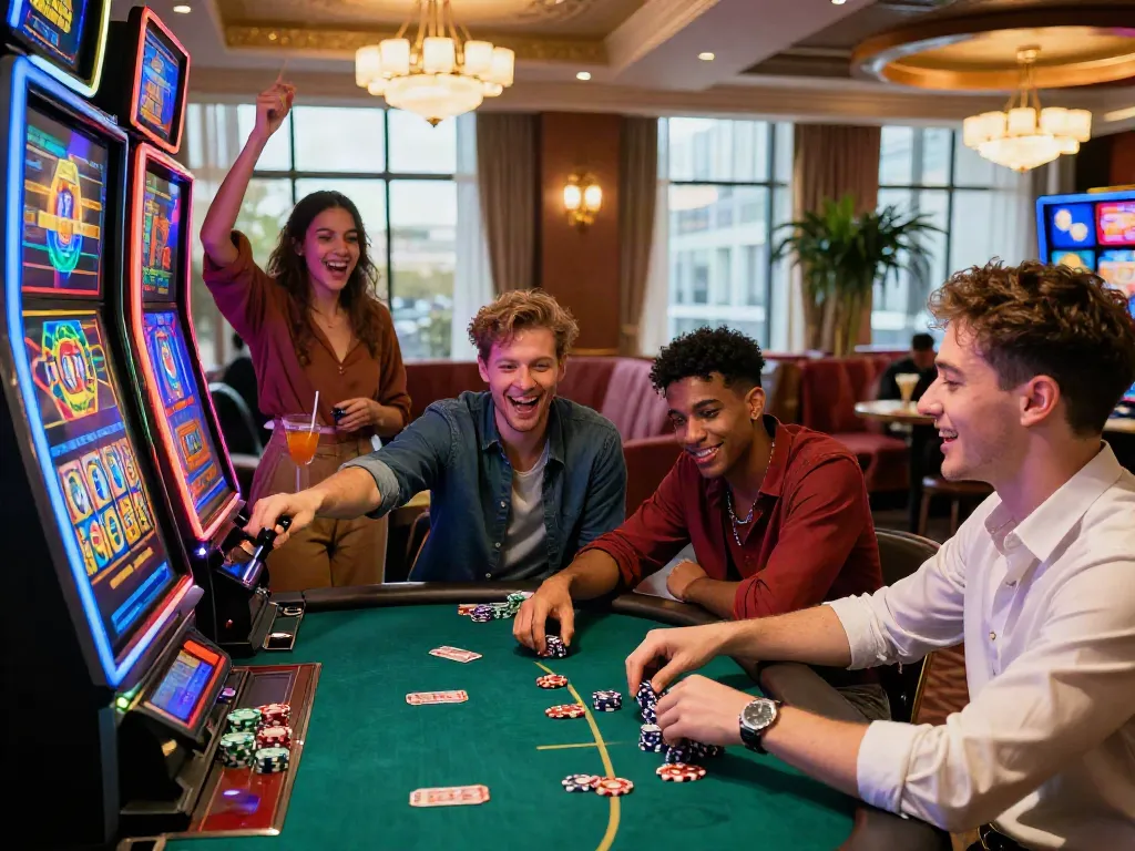 Friends celebrating at non GamStop casinos UK, enjoying gaming and drinks