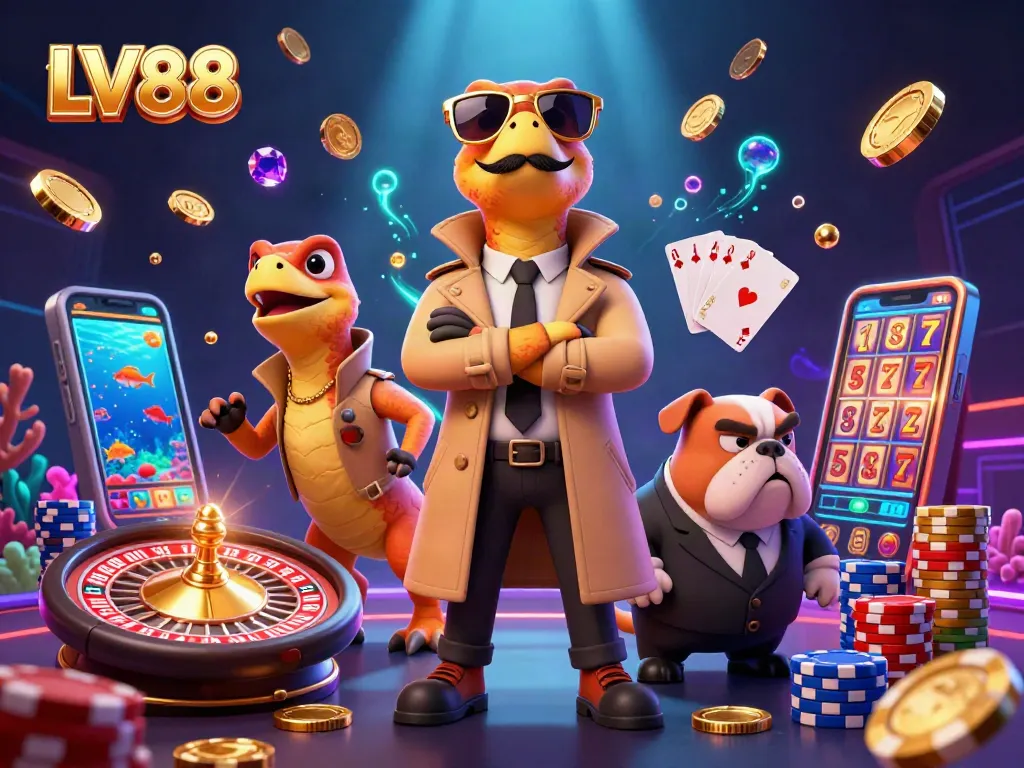 Experience excitement at LV88 with three raptors amusingly entering a VIP lounge amidst lively gambling elements.