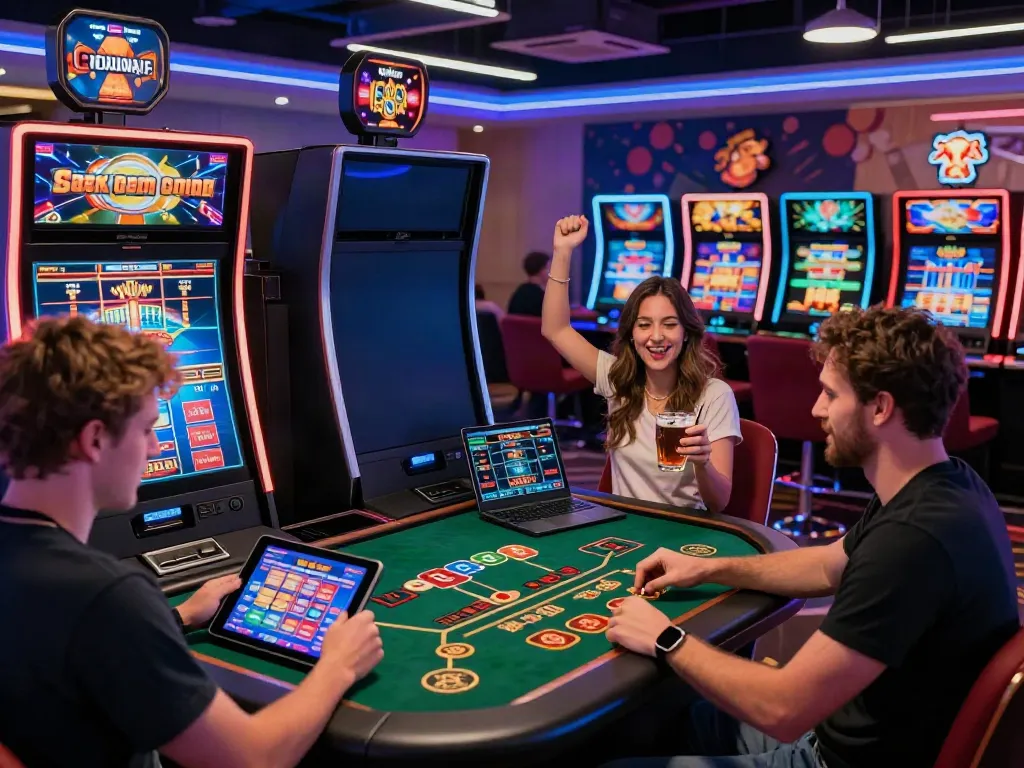 A lively online casino scene featuring diverse players enjoying non gamstop casinos UK games, with vibrant lights and engaging gameplay.