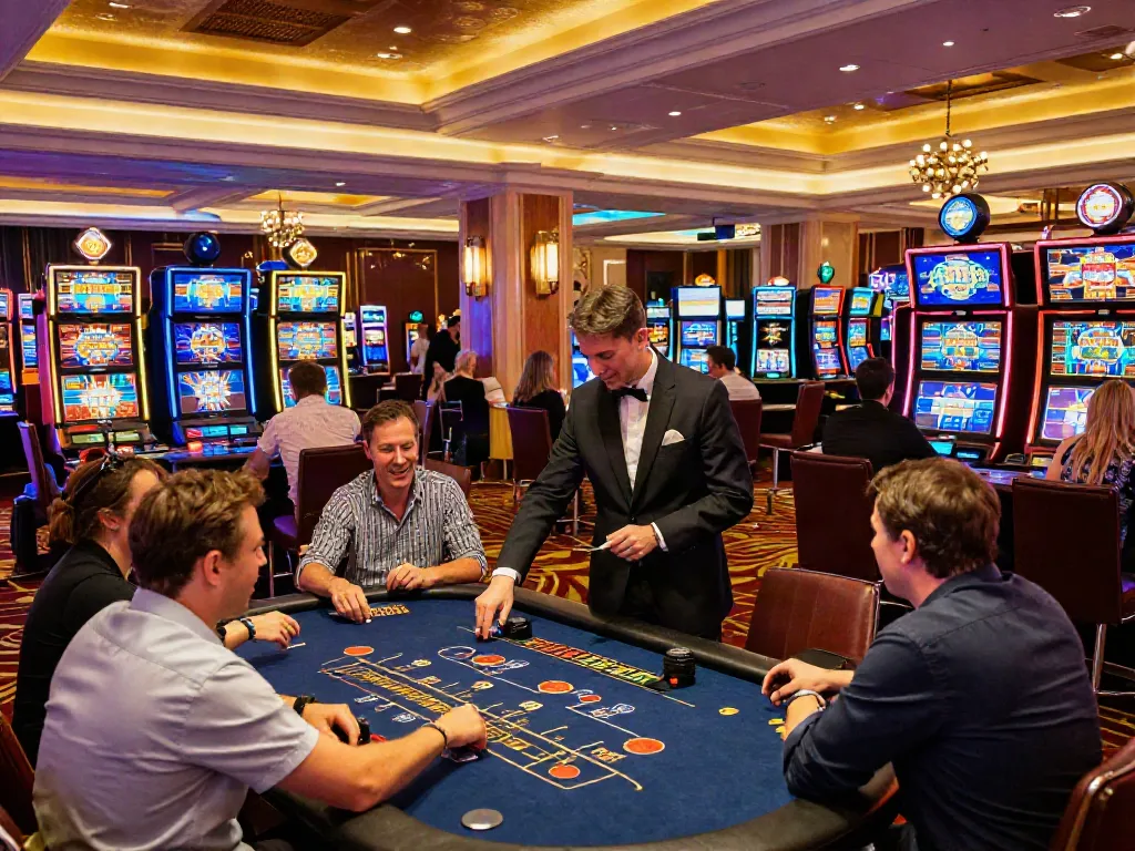 Exciting interior of non GamStop casinos UK with active players enjoying slots and table games
