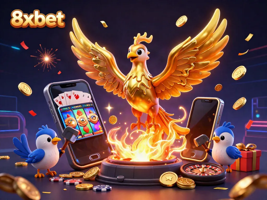 Experience the thrilling action of 8xbet's molten golden phoenix emerging from a mythical forge, surrounded by captivating slot game elements.