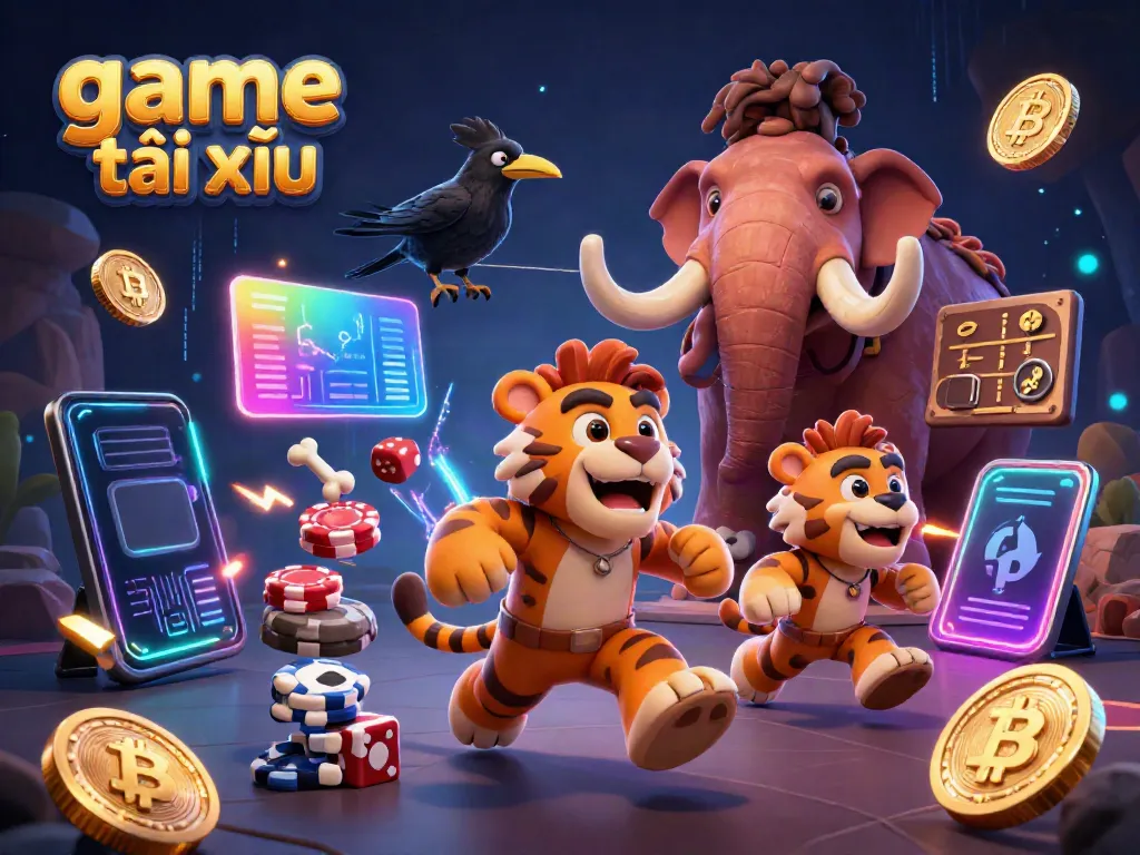 Engage with the thrilling game tài xỉu scene featuring caveman characters and crypto elements.