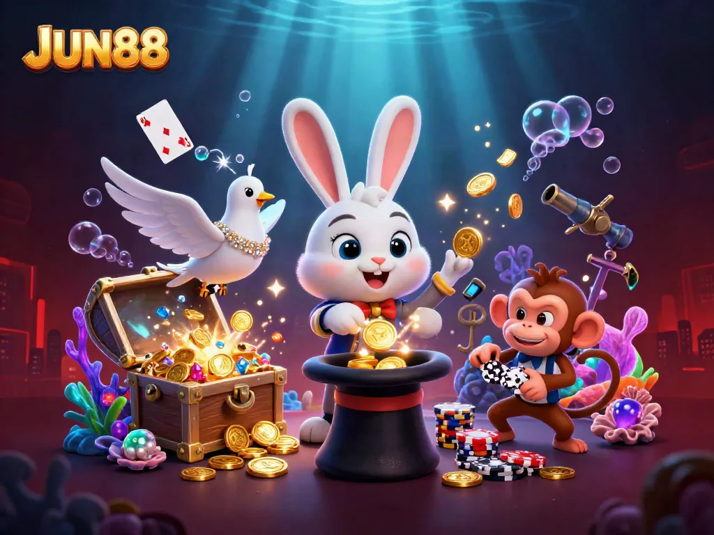 Experience the magic at JUN88 with a magician rabbit, dazzling dove, and playful monkey in a vibrant digital casino.