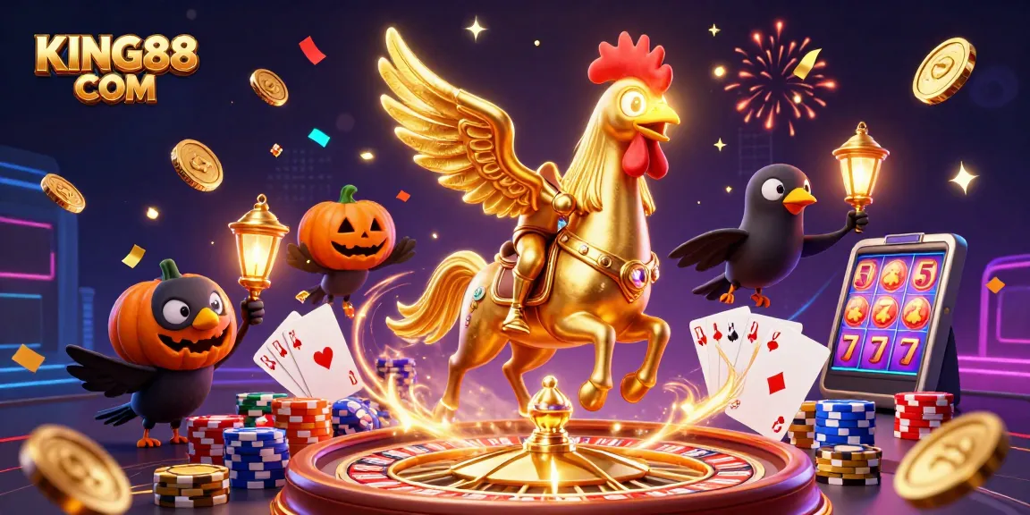 Experience exciting gaming with KING88 COM in a vibrant midnight casino atmosphere featuring dynamic characters and elements.