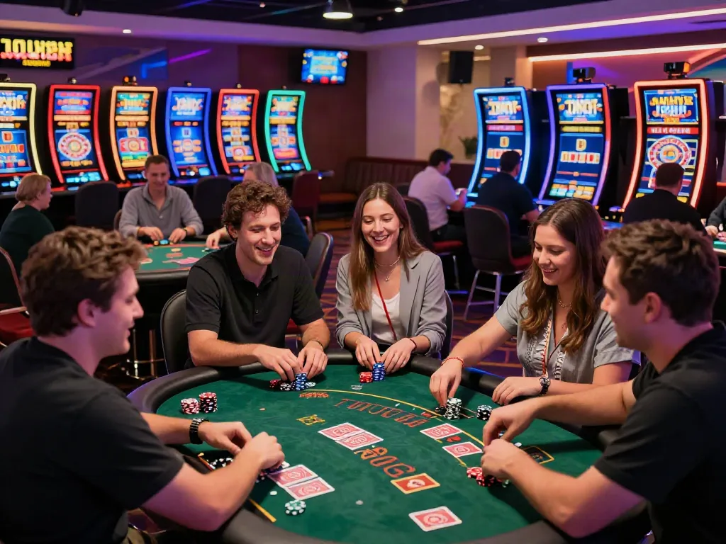 Players enjoying non gamstop casinos UK with vibrant gaming atmosphere and digital displays.