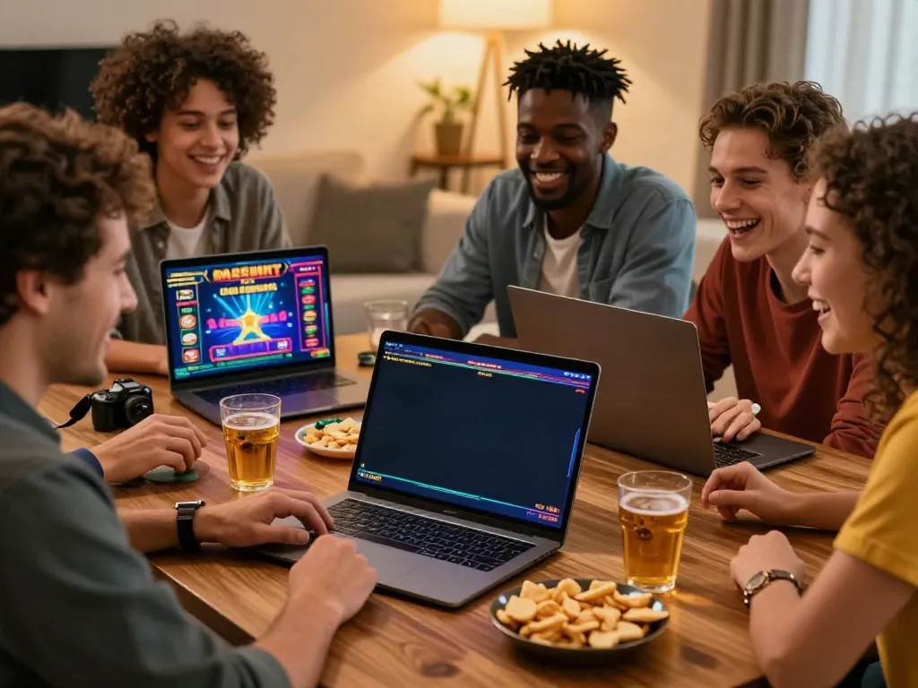 Friends enjoying non Gamstop casinos UK while playing online games together at home.