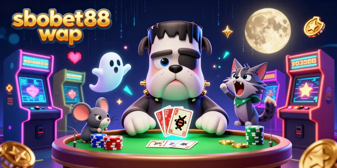 Experience sbobet88 wap gaming with a cartoon Frankenstein bulldog dealer at a haunted card table.