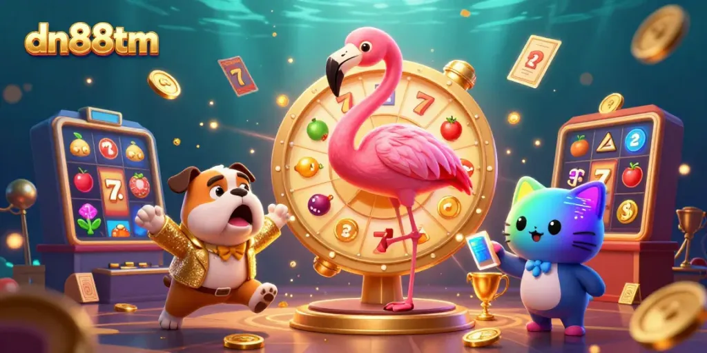 Engage in thrilling gameplay with dn88tm featuring an animated flamingo host, bulldog contestant, and dazzling casino symbols.