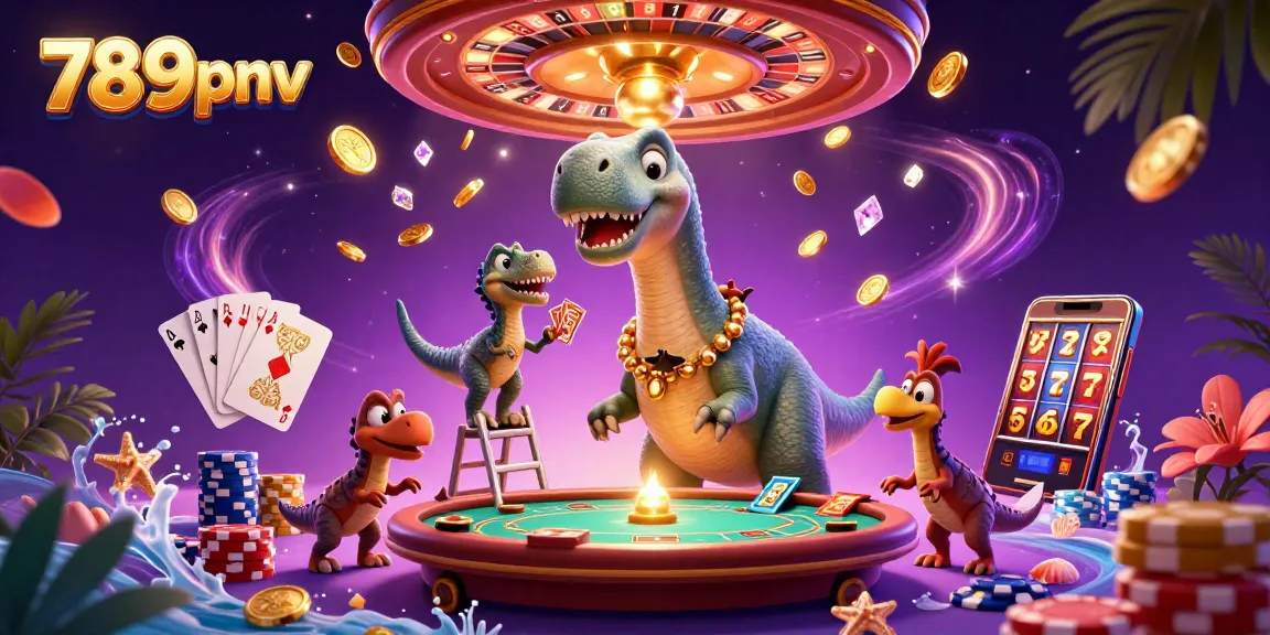 Experience the excitement of gambling with 789pnv's lively casino scene featuring a brontosaurus and dynamic game elements.