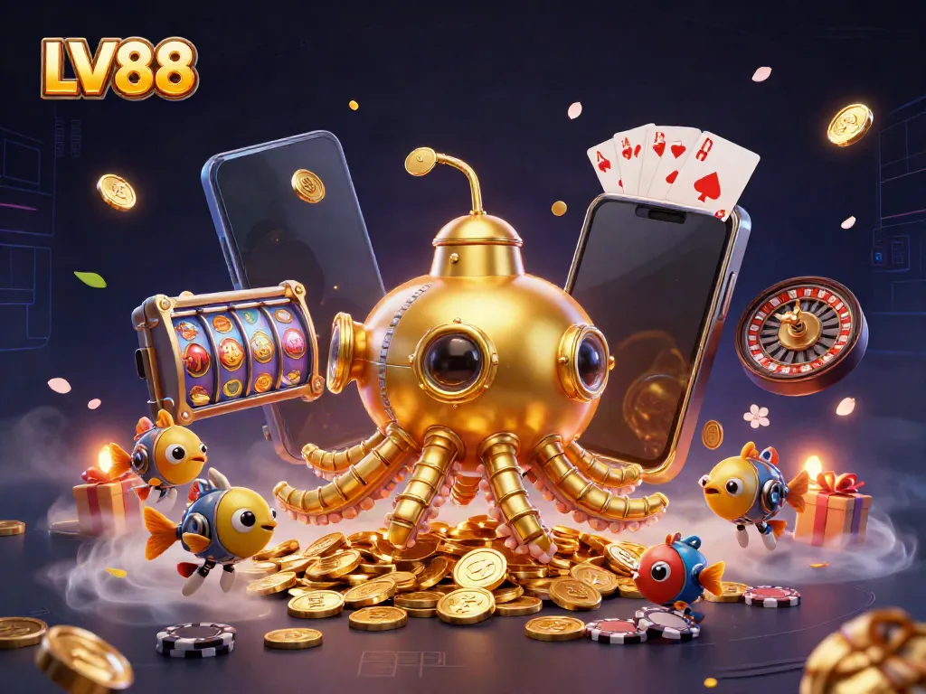 Experience LV88's vibrant gaming world with a golden kraken submarine amidst a sea of riches.