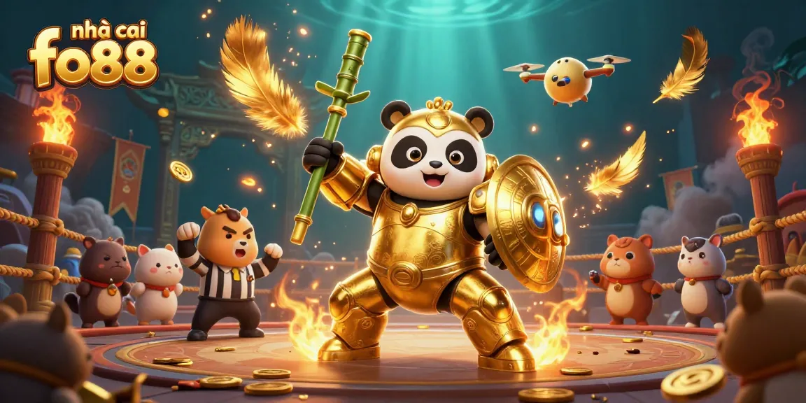 Experience the thrill of nhà cái fo88 as a golden panda battles in an action-packed casino arena.