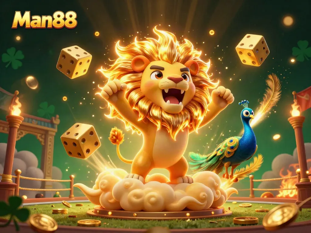 Experience thrilling sports betting with Man88 featuring an energetic 3D lion and golden dice.