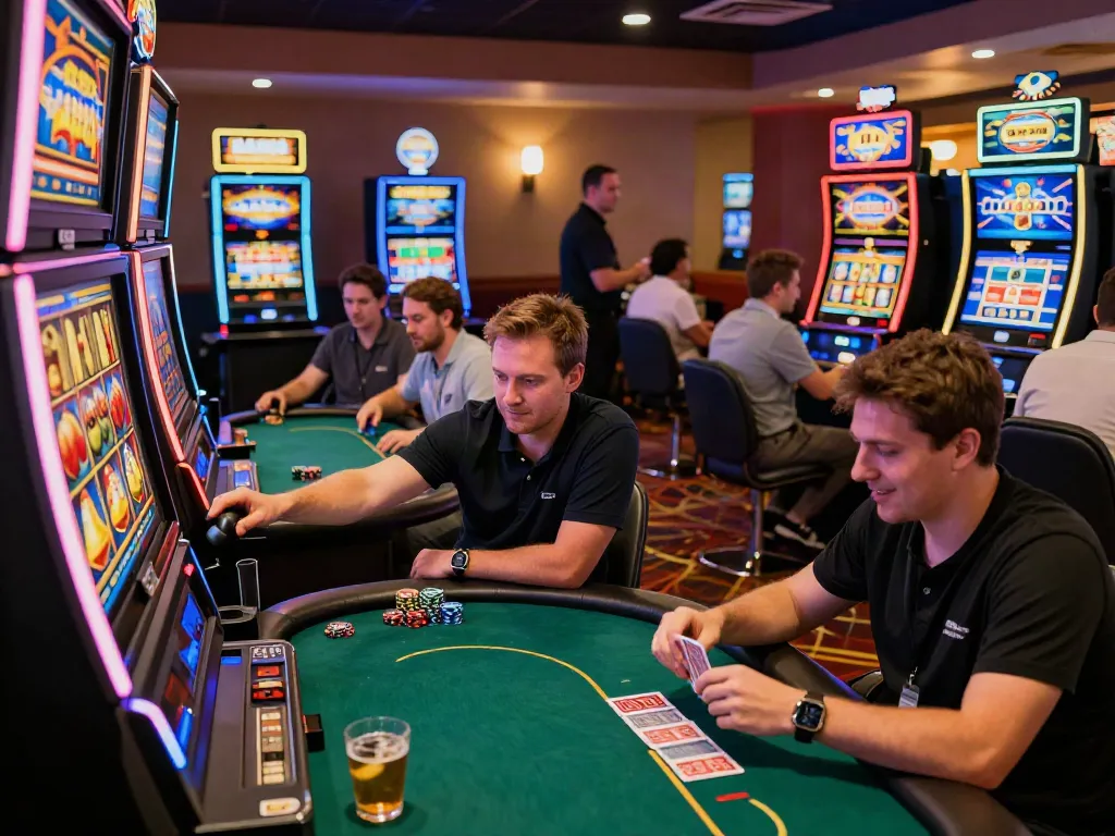 Exciting non gamstop casinos UK gameplay scene with diverse players enjoying slot machines and poker.