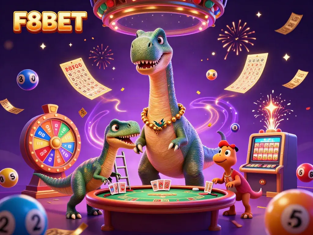 Experience F8BET with a vibrant casino scene featuring a giant brontosaurus cheering at a poker game.