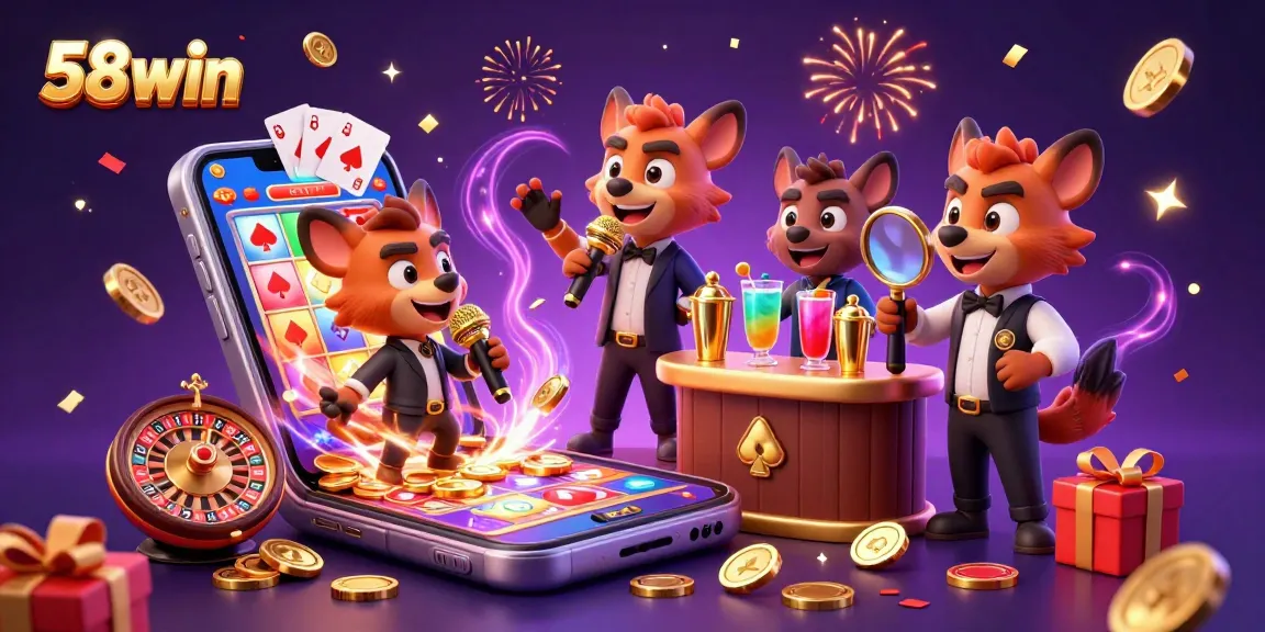 Experience the thrill of 58win at a vibrant comedy casino with animated hyenas embracing fun and excitement.