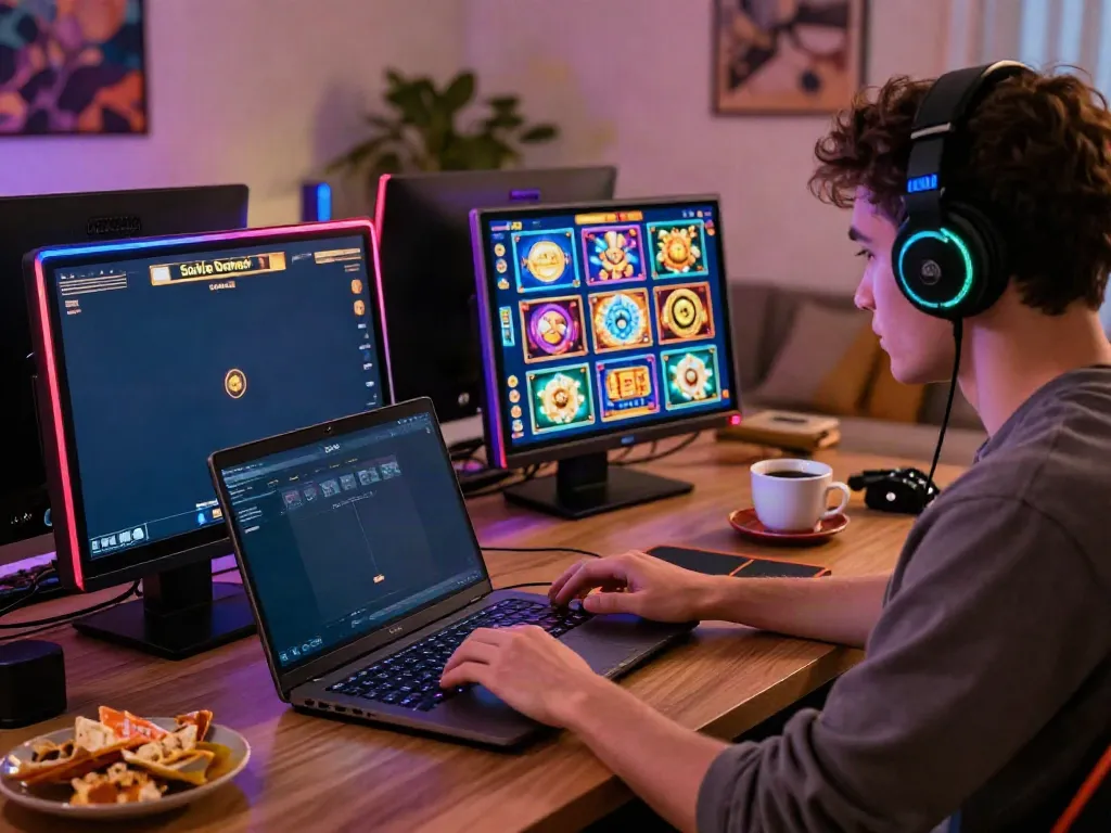 Engaging online gaming setup featuring non gamstop casinos uk, showcasing a player immersed in slot games.