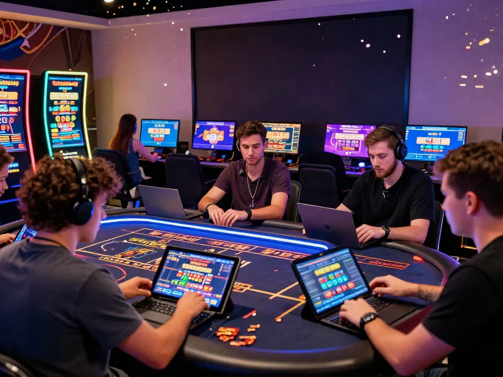 Players enjoying thrilling games at non GamStop casinos UK with vibrant LED lighting and engaging digital devices.