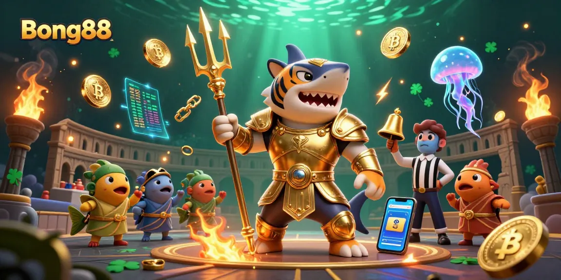 Bong88 offers dynamic gameplay with an underwater colosseum scene featuring a tiger shark in gladiator armor.