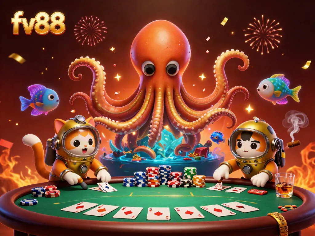 Catch the excitement at fv88 with a vibrant 3D scene featuring a kraken and diving cat amidst poker chaos.