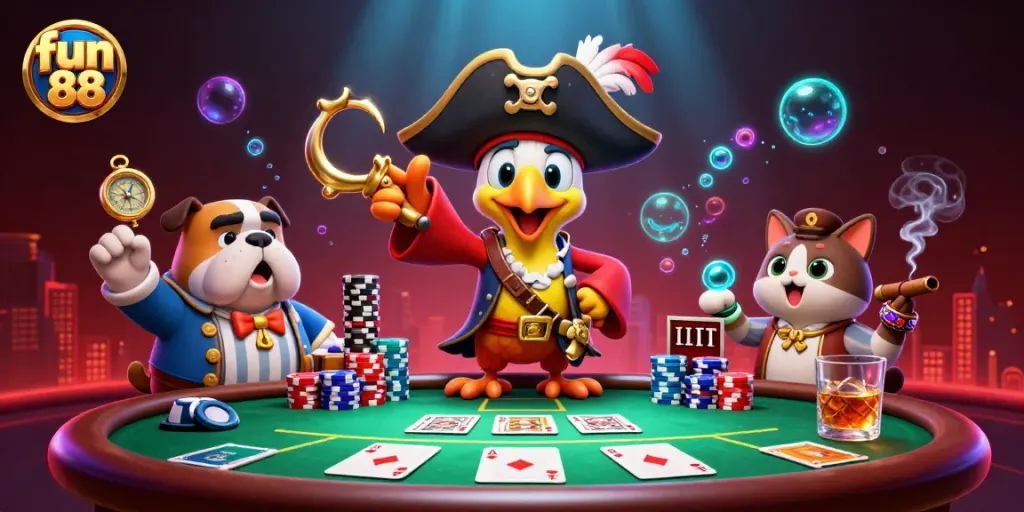 Experience fun 88 at a vibrant casino scene with colorful poker elements and lively characters.
