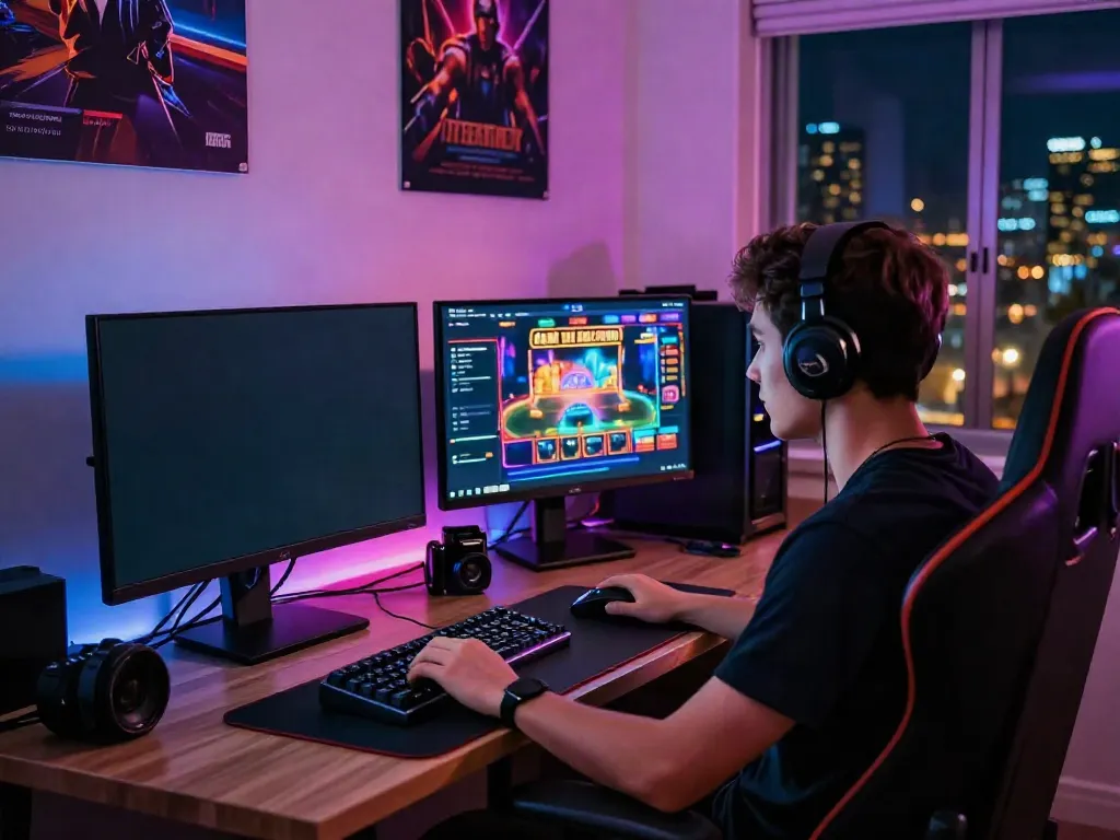 Player enjoying non gamstop casinos uk at a stylish gaming setup with monitors and colorful lights.