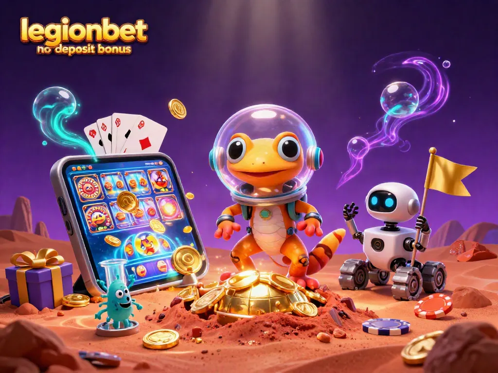 Experience the legionbet no deposit bonus with vibrant casino elements and a Martian gecko adventure.