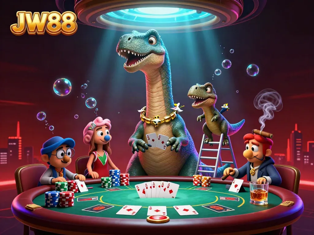 Engage with JW88's dynamic gaming scene featuring a giant brontosaurus overseeing a vibrant poker game.
