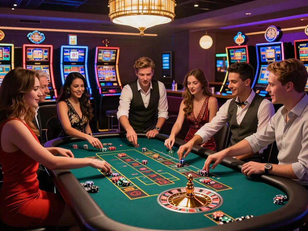 Group of friends enjoying gaming at non gamstop casinos UK, lively atmosphere with roulette table and colorful chips.