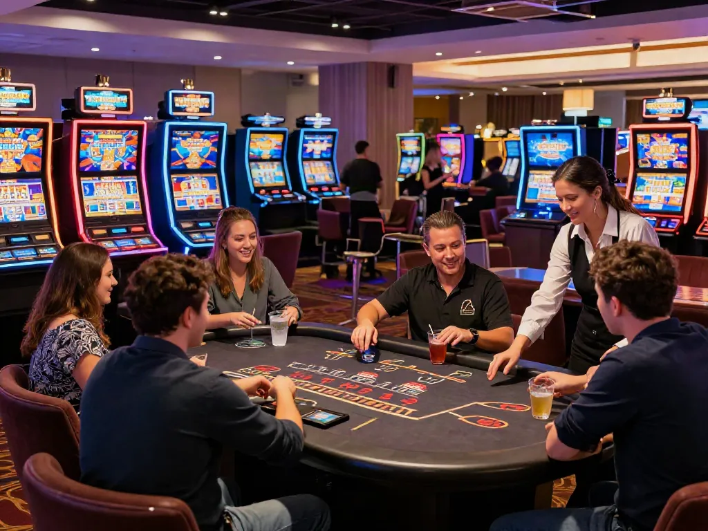 Exciting atmosphere in non GamStop casinos UK with diverse players enjoying slots and table games.